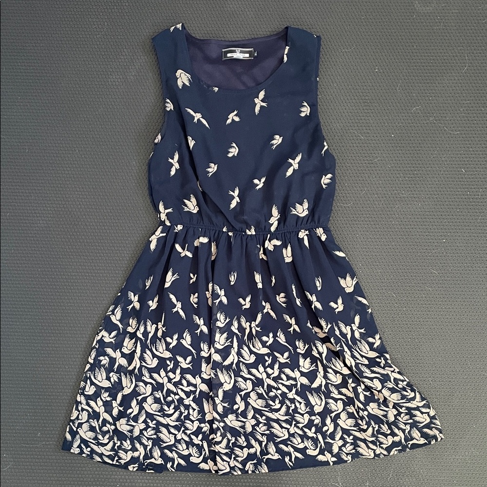 Paper Plane London Navy Dress with Bird Pattern Sz M/L